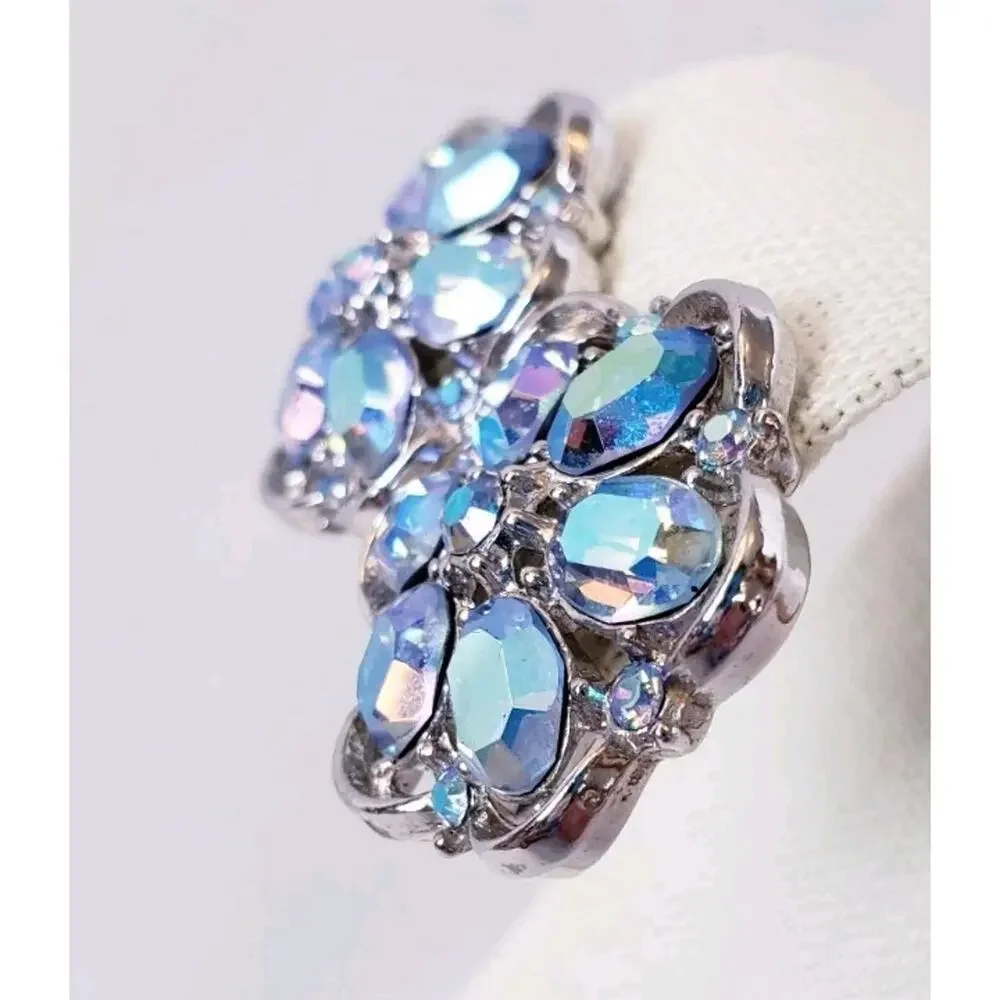 VTG Crown Trifari Aurora Borealis AB Rhinestone Silver Tone Flower Clip Earrings